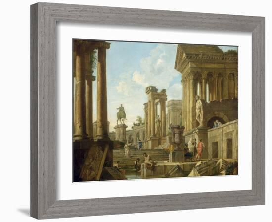 Architectural Capriccio with Ruins, Equestrian Statue of Marcus Aurelius and Figures by a Pool-Giovanni Paolo Pannini-Framed Giclee Print