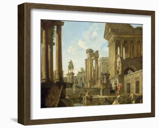 Architectural Capriccio with Ruins, Equestrian Statue of Marcus Aurelius and Figures by a Pool-Giovanni Paolo Pannini-Framed Giclee Print