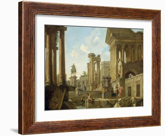 Architectural Capriccio with Ruins, Equestrian Statue of Marcus Aurelius and Figures by a Pool-Giovanni Paolo Pannini-Framed Giclee Print