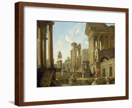 Architectural Capriccio with Ruins, Equestrian Statue of Marcus Aurelius and Figures by a Pool-Giovanni Paolo Pannini-Framed Giclee Print