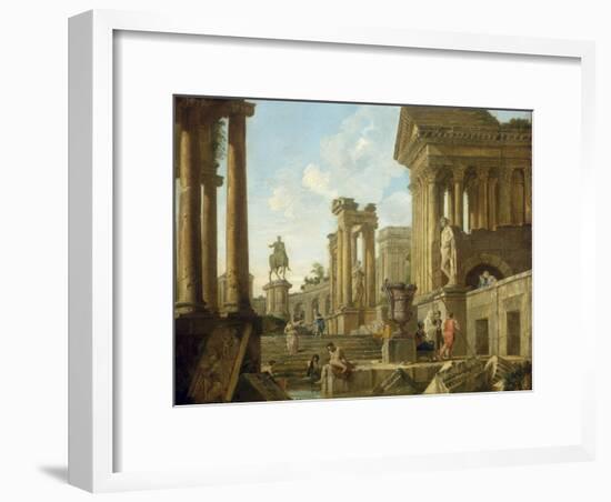 Architectural Capriccio with Ruins, Equestrian Statue of Marcus Aurelius and Figures by a Pool-Giovanni Paolo Pannini-Framed Giclee Print