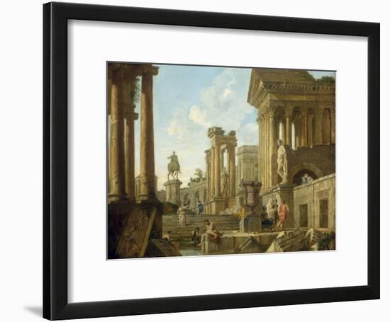 Architectural Capriccio with Ruins, Equestrian Statue of Marcus Aurelius and Figures by a Pool-Giovanni Paolo Pannini-Framed Giclee Print