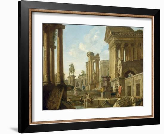 Architectural Capriccio with Ruins, Equestrian Statue of Marcus Aurelius and Figures by a Pool-Giovanni Paolo Pannini-Framed Giclee Print