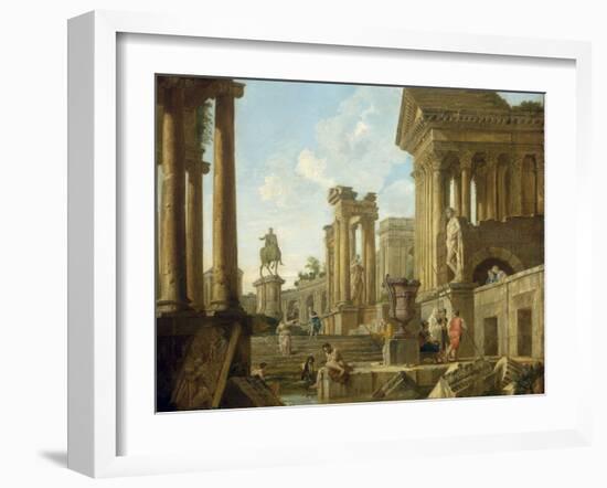 Architectural Capriccio with Ruins, Equestrian Statue of Marcus Aurelius and Figures by a Pool-Giovanni Paolo Pannini-Framed Giclee Print