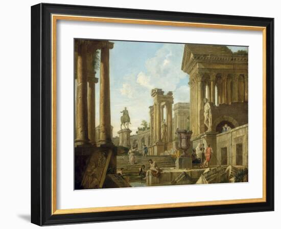 Architectural Capriccio with Ruins, Equestrian Statue of Marcus Aurelius and Figures by a Pool-Giovanni Paolo Pannini-Framed Giclee Print