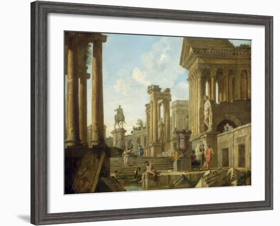 Architectural Capriccio with Ruins, Equestrian Statue of Marcus Aurelius and Figures by a Pool-Giovanni Paolo Pannini-Framed Giclee Print