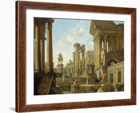 Architectural Capriccio with Ruins, Equestrian Statue of Marcus Aurelius and Figures by a Pool-Giovanni Paolo Pannini-Framed Giclee Print