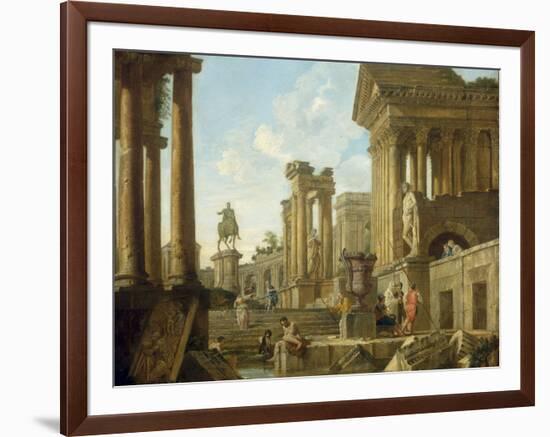 Architectural Capriccio with Ruins, Equestrian Statue of Marcus Aurelius and Figures by a Pool-Giovanni Paolo Pannini-Framed Giclee Print