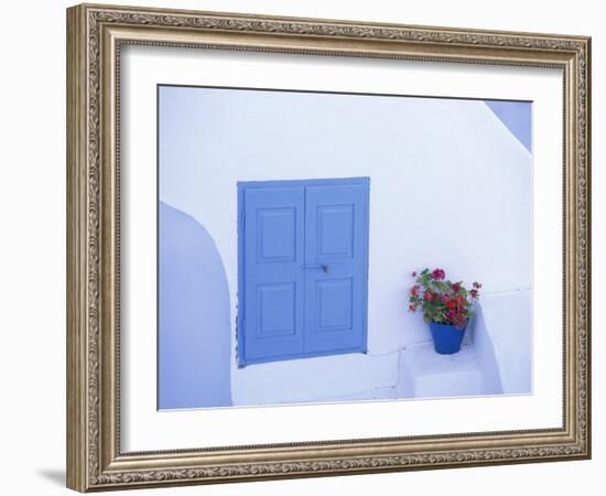 Architectural Detail of Blue and White House, with Pot of Geraniums, Oia (Ia), Aegean Sea, Greece-Sergio Pitamitz-Framed Photographic Print