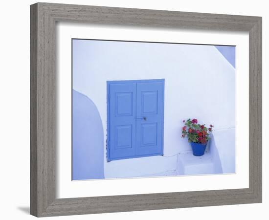 Architectural Detail of Blue and White House, with Pot of Geraniums, Oia (Ia), Aegean Sea, Greece-Sergio Pitamitz-Framed Photographic Print