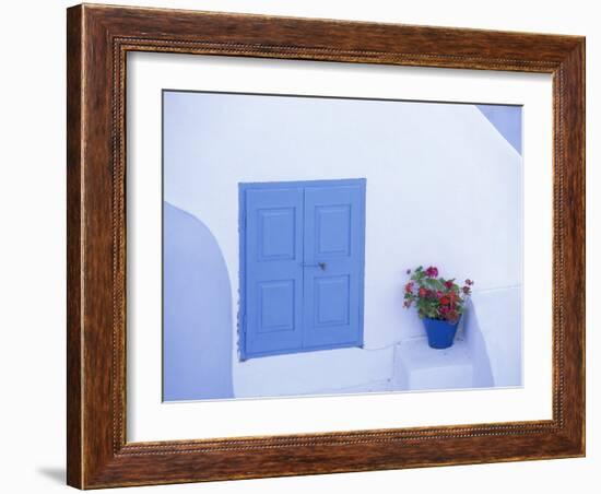 Architectural Detail of Blue and White House, with Pot of Geraniums, Oia (Ia), Aegean Sea, Greece-Sergio Pitamitz-Framed Photographic Print