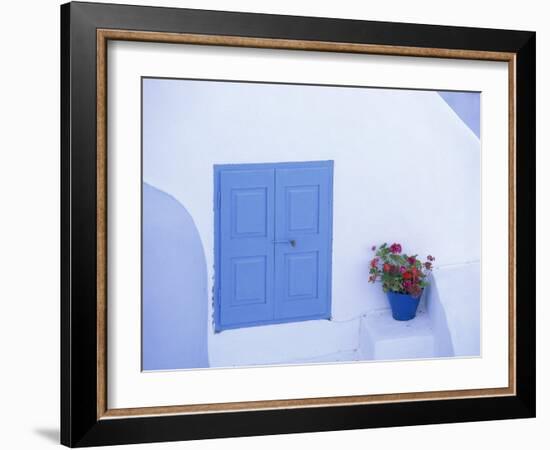 Architectural Detail of Blue and White House, with Pot of Geraniums, Oia (Ia), Aegean Sea, Greece-Sergio Pitamitz-Framed Photographic Print