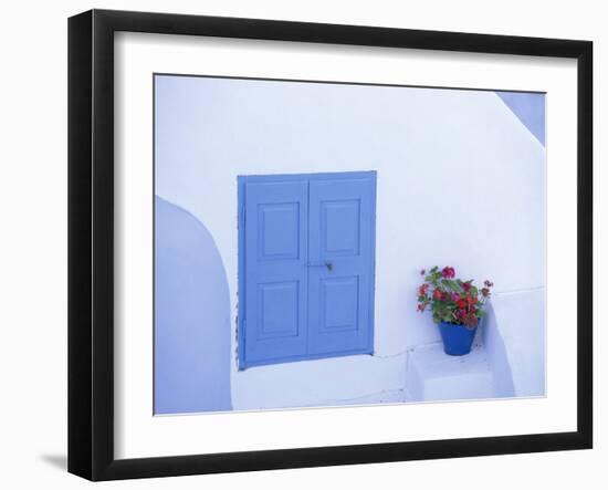 Architectural Detail of Blue and White House, with Pot of Geraniums, Oia (Ia), Aegean Sea, Greece-Sergio Pitamitz-Framed Photographic Print