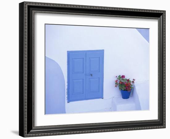 Architectural Detail of Blue and White House, with Pot of Geraniums, Oia (Ia), Aegean Sea, Greece-Sergio Pitamitz-Framed Photographic Print