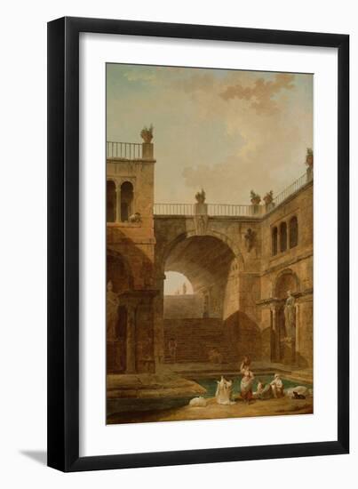 Architectural Scene with Women Washing Clothes at a Pool, 1798-Hubert Robert-Framed Giclee Print