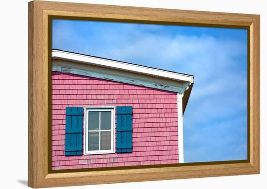 Architecture Detail of a Pink House with Blue Shuttered Window against Blue Sky-pink candy-Framed Premier Image Canvas