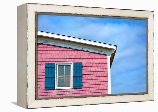 Architecture Detail of a Pink House with Blue Shuttered Window against Blue Sky-pink candy-Framed Premier Image Canvas