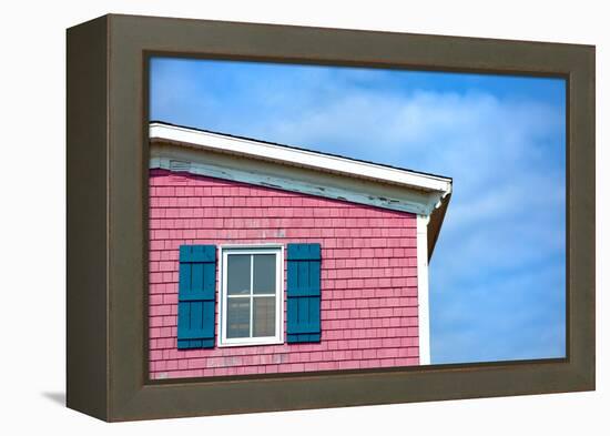 Architecture Detail of a Pink House with Blue Shuttered Window against Blue Sky-pink candy-Framed Premier Image Canvas