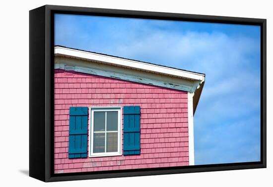 Architecture Detail of a Pink House with Blue Shuttered Window against Blue Sky-pink candy-Framed Premier Image Canvas