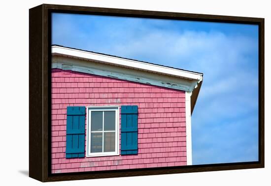 Architecture Detail of a Pink House with Blue Shuttered Window against Blue Sky-pink candy-Framed Premier Image Canvas