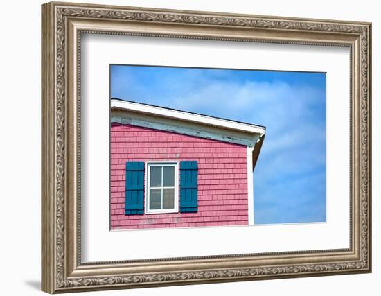 Architecture Detail of a Pink House with Blue Shuttered Window against Blue Sky-pink candy-Framed Photographic Print