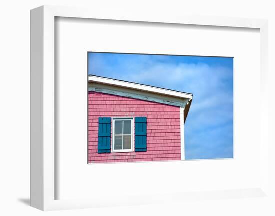 Architecture Detail of a Pink House with Blue Shuttered Window against Blue Sky-pink candy-Framed Photographic Print