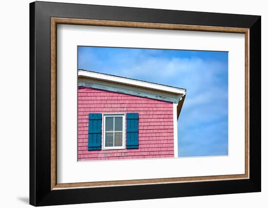 Architecture Detail of a Pink House with Blue Shuttered Window against Blue Sky-pink candy-Framed Photographic Print