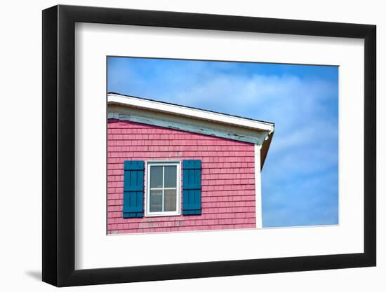 Architecture Detail of a Pink House with Blue Shuttered Window against Blue Sky-pink candy-Framed Photographic Print