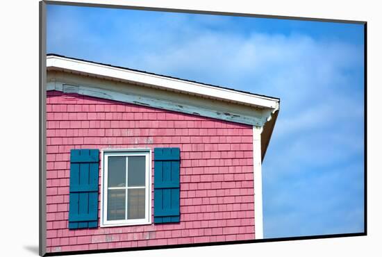 Architecture Detail of a Pink House with Blue Shuttered Window against Blue Sky-pink candy-Mounted Photographic Print