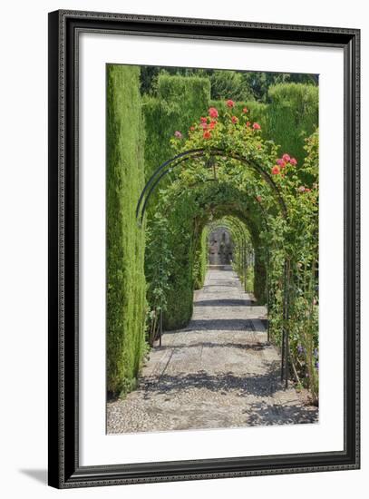 Archway of trees in the gardens of the Alhambra, Granada, Spain.-Julie Eggers-Framed Photographic Print