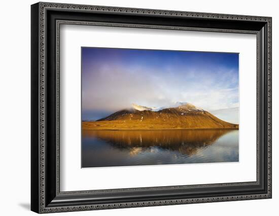 Arctic, Svalbard, Mushamna. Warm Light on Glacial Cirque and Mountain Reflected in the Sea-David Slater-Framed Photographic Print