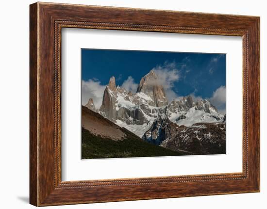 Argentina, Cerro Poincenot and Fitzroy mountains, snow on peaks contrasted with green lower slopes.-Howie Garber-Framed Photographic Print