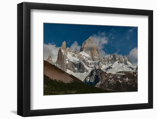 Argentina, Cerro Poincenot and Fitzroy mountains, snow on peaks contrasted with green lower slopes.-Howie Garber-Framed Photographic Print