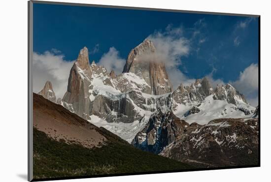 Argentina, Cerro Poincenot and Fitzroy mountains, snow on peaks contrasted with green lower slopes.-Howie Garber-Mounted Photographic Print