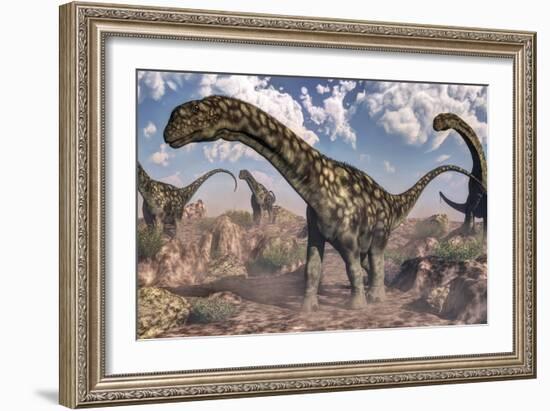 Argentinosaurus Dinosaurs Walking in the Rocky Desert-Stocktrek Images-Framed Art Print