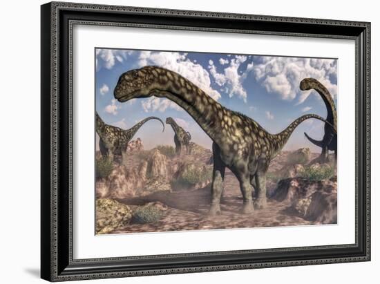 Argentinosaurus Dinosaurs Walking in the Rocky Desert-Stocktrek Images-Framed Art Print