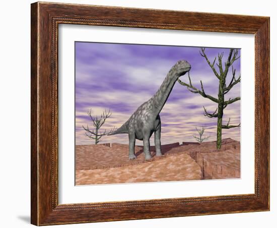 Argentinosaurus Standing on the Cracked Desert Ground Next to Dead Trees-null-Framed Art Print