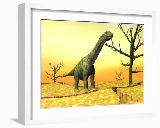 Argentinosaurus Standing on the Cracked Desert Ground Next to Dead Trees-null-Framed Art Print