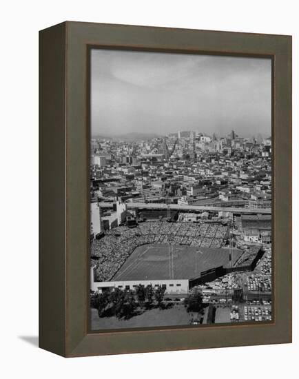 Ariels of Seals Stadium During Opeaning Day, Giants Vs. Dodgers-Nat Farbman-Framed Premier Image Canvas