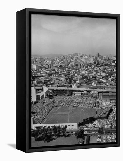 Ariels of Seals Stadium During Opeaning Day, Giants Vs. Dodgers-Nat Farbman-Framed Premier Image Canvas