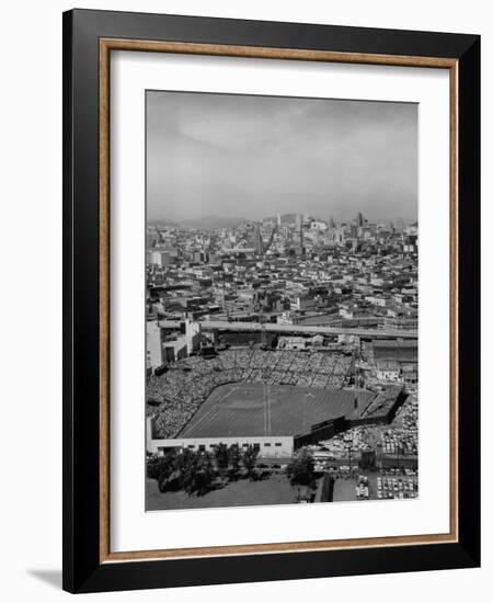 Ariels of Seals Stadium During Opeaning Day, Giants Vs. Dodgers-Nat Farbman-Framed Photographic Print