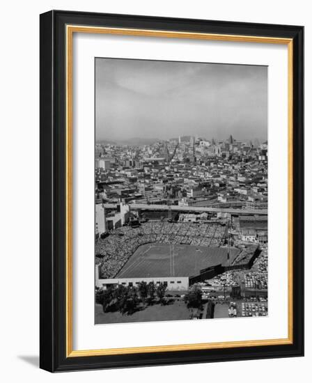 Ariels of Seals Stadium During Opeaning Day, Giants Vs. Dodgers-Nat Farbman-Framed Photographic Print