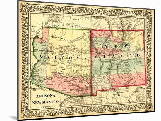 Arizona and New Mexico - Panoramic Map and New Mexico-Lantern Press-Mounted Art Print