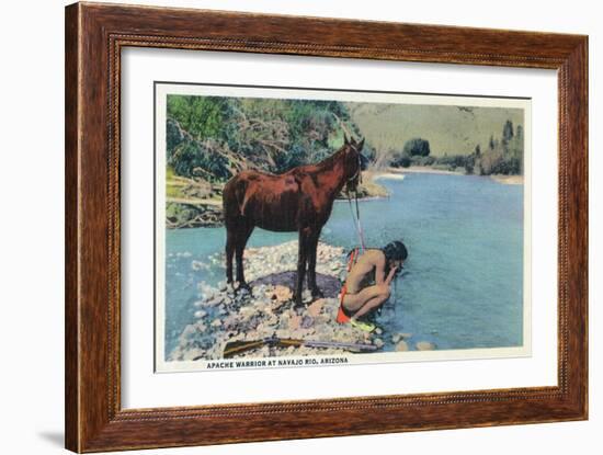 Arizona - Apache Man Drinking at Navajo Rio-Lantern Press-Framed Art Print