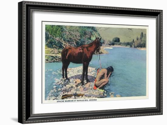 Arizona - Apache Man Drinking at Navajo Rio-Lantern Press-Framed Art Print