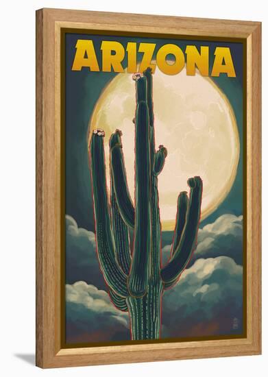 Arizona Cactus and Full Moon-Lantern Press-Framed Stretched Canvas