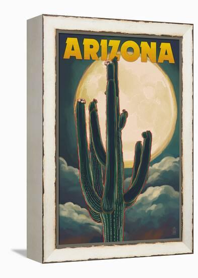 Arizona Cactus and Full Moon-Lantern Press-Framed Stretched Canvas