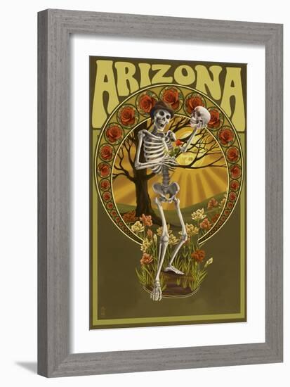 Arizona - Day of the Dead - Skeleton Holding Sugar Skull-Lantern Press-Framed Art Print