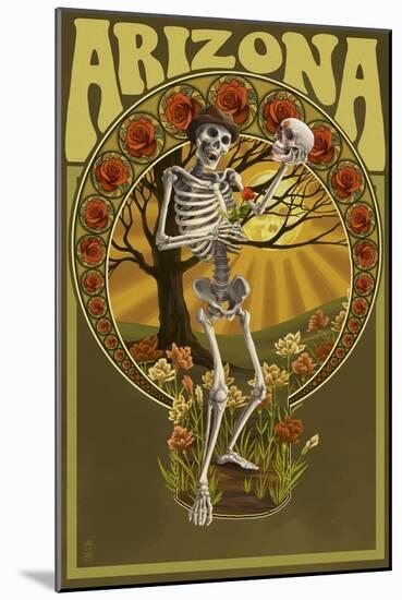 Arizona - Day of the Dead - Skeleton Holding Sugar Skull-Lantern Press-Mounted Art Print