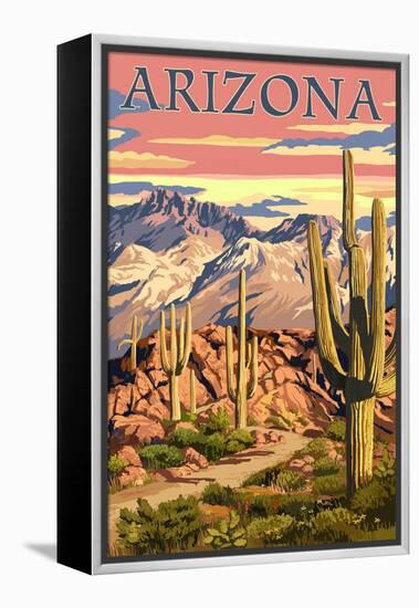 Arizona Desert Scene at Sunset-Lantern Press-Framed Stretched Canvas